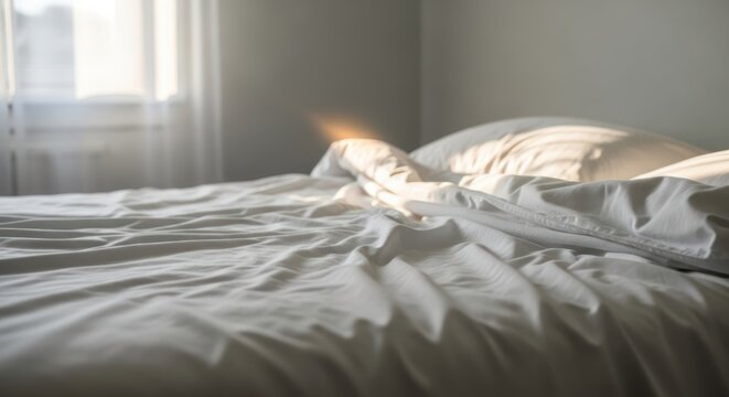 A bed with rumpled white sheets and pillows, illuminated by soft natural light from a window in the background. The room appears minimalist and serene