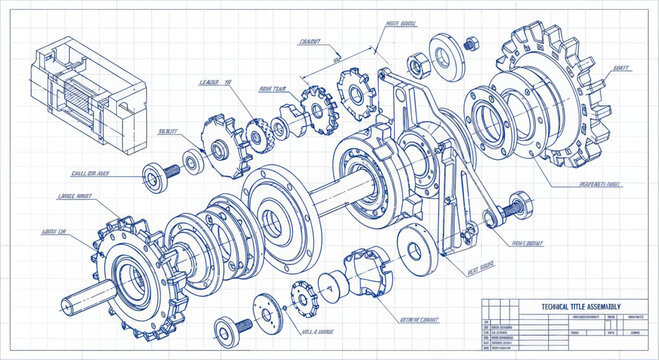 Detailed engineering blueprint of an exploded view of mechanical gears and components.