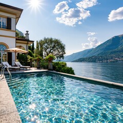 Obraz premium Luxurious italian villa with swimming pool on lake como, enjoying sunny summer vacation and scenic mountain landscape