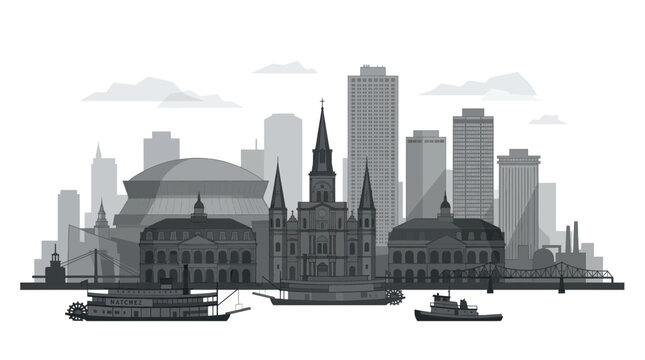 New Orleans Skyline Silhouette with Mississippi Riverboats