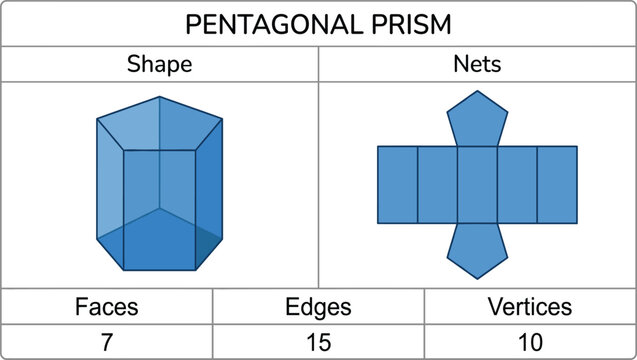 Pentagonal prism geometric shape and flat net properties layout isolated on plain white background for primary school mathematical education template