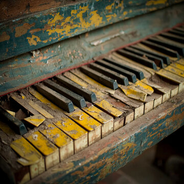 Close-up of a neglected, decaying piano keyboard; broken, dusty yellow and black keys amidst peeling teal and brown paint