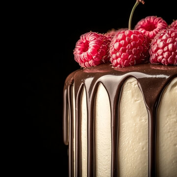 Close-up of cake with rich chocolate drip and vibrant red raspberries on creamy frosting, against a deep black backdrop