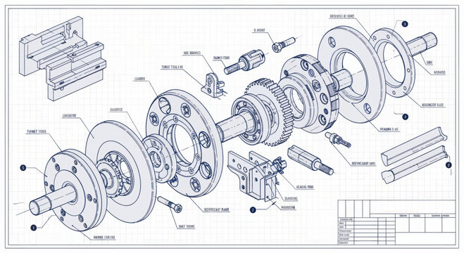 Detailed Engineering Blueprint of Exploded Mechanical Assembly Drawing.