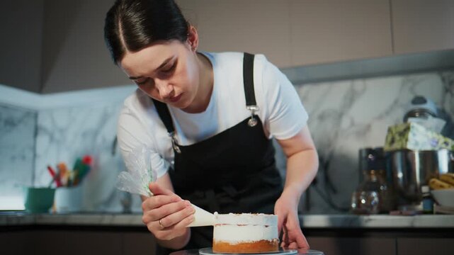 Young woman carefully pipes frosting on layered cake. She focuses intently, showing precision and care. Modern kitchen with marble backsplash and stainless steel appliances. Footage ideal for baking