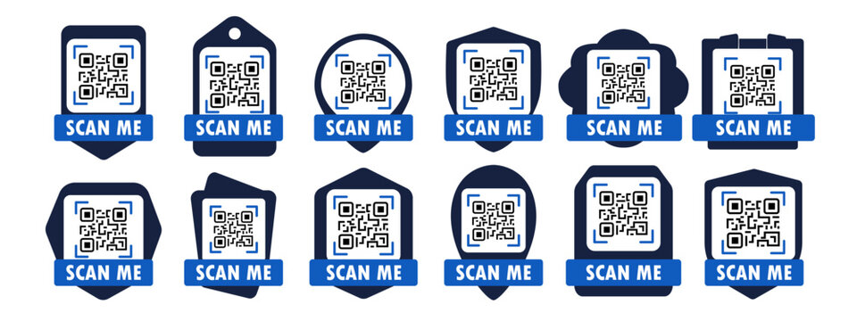 Set of qr code phone icon design elements in blue frame style for scan me screens and responsive layouts. These scan me frame icons are perfect for digital use.