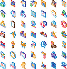 Obraz premium Diverse isometric icons illustrating concepts across business, technology, finance, lifestyle, security, logistics, social, and healthcare sectors for various applications