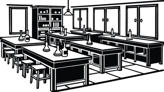 Vector illustration of an empty science laboratory classroom interior featuring rows of lab benches with stools, chemical flasks, windows, and a large equipment cabinet in a bold monochrome line art 