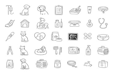 Fototapeta premium Veterinary doodle icon set. Hand-drawn vet clinic elements, pet medicine, doctor, dog, cat, healthcare tools, food, and grooming icons. Minimalist line art for animal hospital website and print.