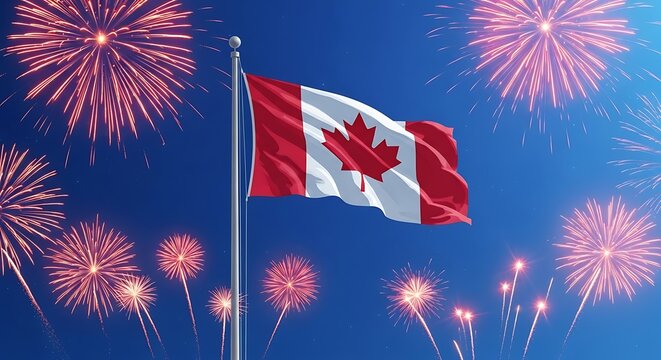 Canadian flag waving against a blue sky with fireworks