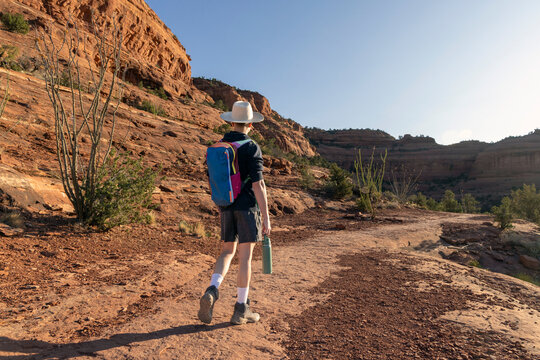 Hiker walking on a sunny red rock trail