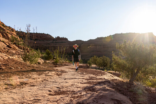 Young male hiking on a sunny desert trail