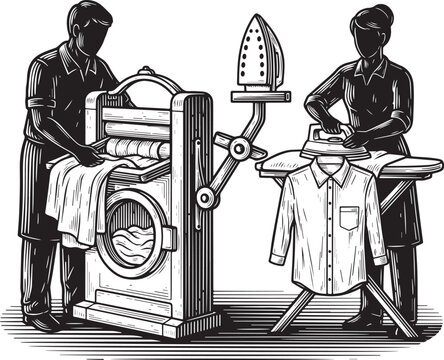 Vintage laundry service etching showcasing pressing and mangle m