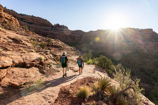 Two hikers explore a sunny desert canyon trail
