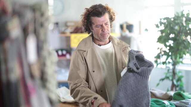European male buyer standing in modern clothing market and carefully examines selection of sweaters for autumn-winter season