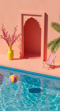 A minimalist scene of a sunlit swimming pool with a striped lounger and a colorful ball, evoking summer vacation and relaxation