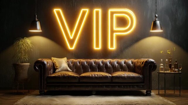 vip lounge with glowing sign and luxury couch animation