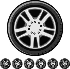 Obraz premium black wheel car cartoon. vehicle speed, sport road, motor automotive black wheel car sign colorful illustration