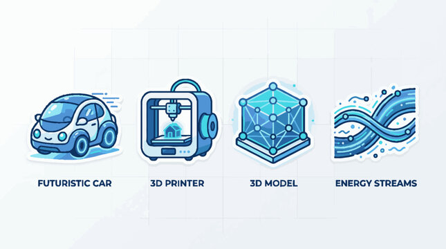Set of four blue vector icons featuring a futuristic car a 3D printer a geometric 3D model and flowing energy streams on a white background