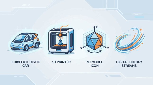 Set of four futuristic technology icons featuring a chibi car a 3D printer a geometric model and digital energy streams in a flat vector style