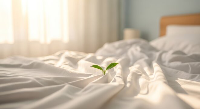 A bed with rumpled white sheets and a small green plant growing through the fabric, illuminated by soft morning light filtering through sheer curtains. The room has a serene and natural ambiance.