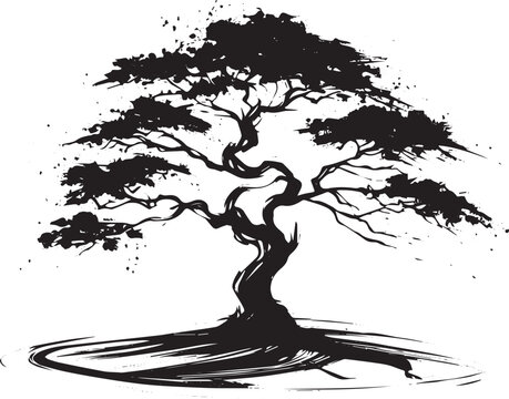 Minimalist Sumi-e depiction of old Rosewood tree with brush stro