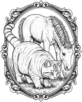 Engraved Illustration of Cat and Horse in Ornamental Frame, Vint