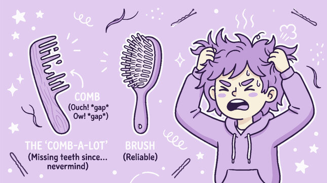 Vector illustration of a frustrated person with messy hair comparing a broken comb with missing teeth to a reliable hair brush in purple tones