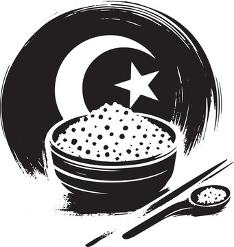 Minimalist sumi-e illustration of Libyan Couscous with crescent