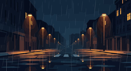 Rainy city street at night with glowing streetlights and reflections on wet pavement © il