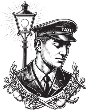 Vintage Engraved Taxi Driver with Traditional Street Lamp Illust