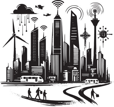 Stylized smart city skyline illustration with sustainable infras