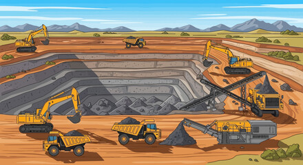 Open-pit mine with excavators, dump trucks, and conveyor belts working in arid landscape. © il
