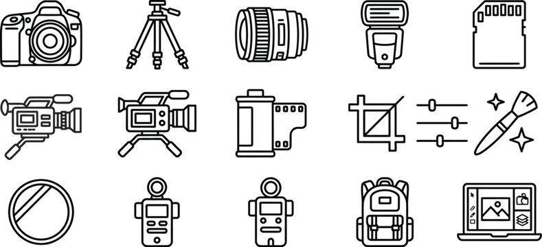 Photography Equipment Icons Set Camera Lens Tripod Flash SD Card Video Gear Vector