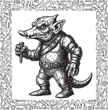 Steampunk Creature Armed with Wrench in Ornamental Tooling Borde