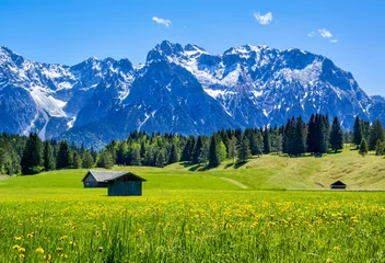 Landschaft mit Wiesen und Karwendelgebirge bei Mittenwald, Frühling, Werdenfelser Land, Oberbayern, Bayern, Deutschland © pwmotion