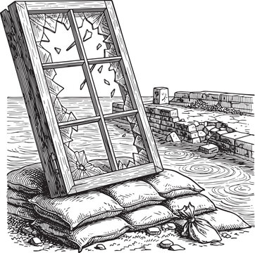 Woodcut Illustration of a Ruined Window Resting on Sandbags Duri