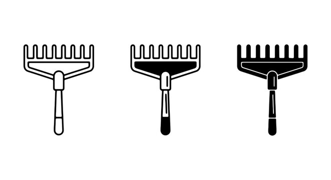Garden Rake Icons, Agricultural Tool Vector Set, Farming Equipment Flat Graphics
