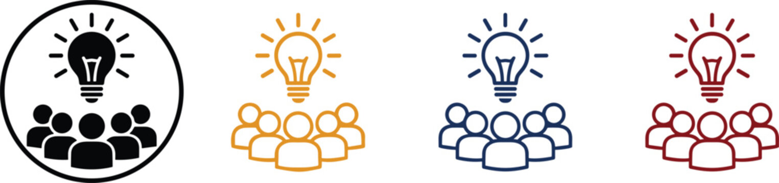Team innovation and collaboration icon collection vector illustration featuring group brainstorming creativity idea generation and knowledge sharing symbols for business and education concepts