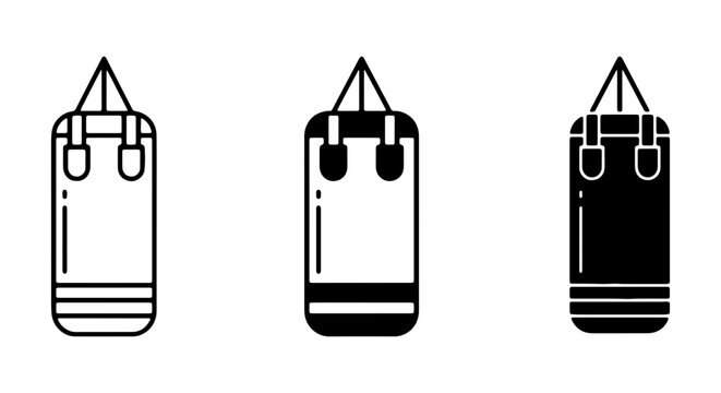Punching Bag Icons: Three Styles, Boxing Training Equipment Vector Set