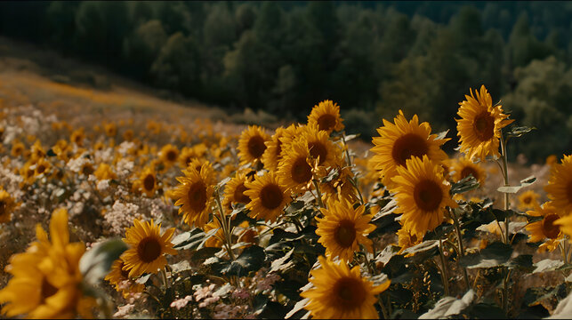 Sunflowers swaying in a field during golden hour, nature scene. gardening catalogs, home-decor guides, designed for home decor and floral branding and gardening and botanical catalogs.adulteration.