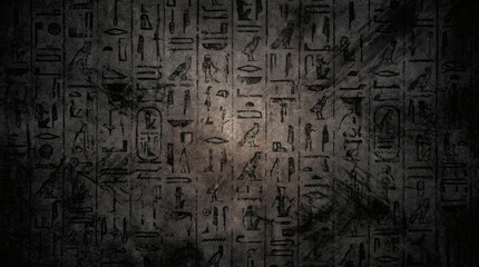 Fototapeta premium Ancient Egyptian Hieroglyphs Carved into a Dark, Textured Stone Wall with Subtle Lighting.