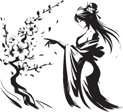 Elegance in Bloom: A serene woman appreciating cherry blossoms i