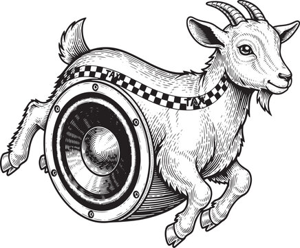 Engraved illustration of a goat with speaker wheel and taxi stri