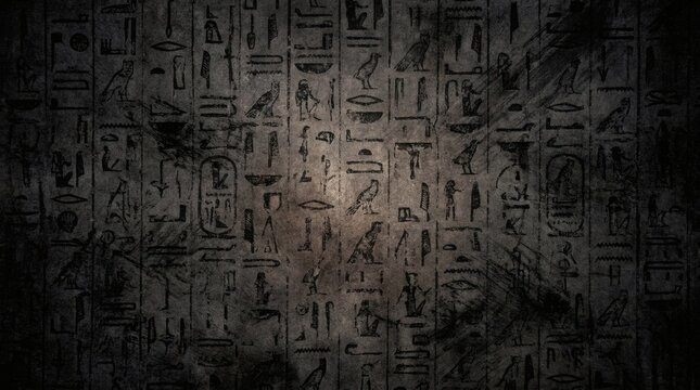 Ancient Egyptian Hieroglyphs Carved into a Dark, Textured Stone Wall with Subtle Lighting.