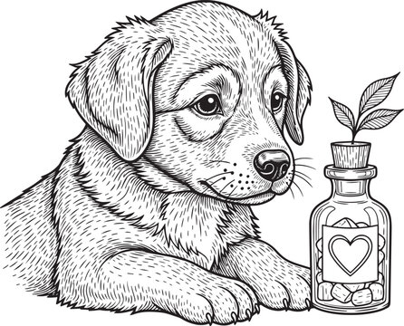Engraved Illustration of Sad Puppy Dog with Herbal Medicine Bott