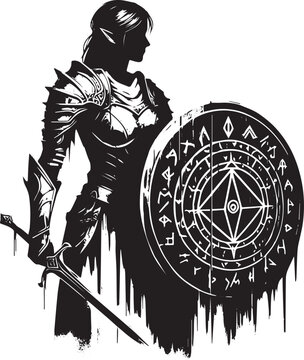 Silhouette of a warrior maiden holding shield with rune inscript
