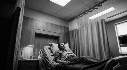 Fototapeta premium Patient Recovers After A Medical Procedure Lying In The Hospital Bed Monochrome Photo