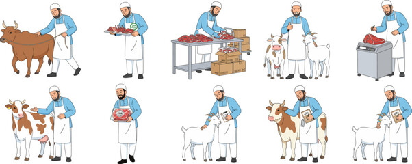 Fototapeta premium Butcher Handling Cow and Goat for Meat Preparation, Halal Food Processing