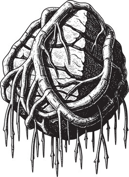 Engraved Illustration: Root-Bound Stone Heart with Intricate Vei